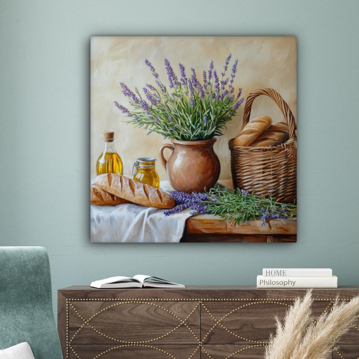 LEINWANDBILD Lavendel - Brot - Stilleben 90x90 cm - Flieder, Textil (90/90cm) - MuchoWow