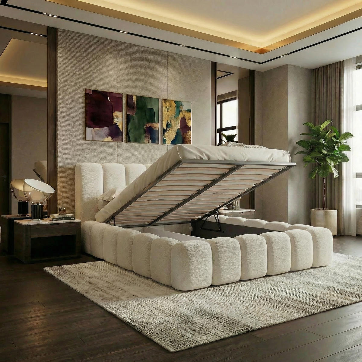 POLSTERBETT VELORA 180x200cm mit Bettkasten & Metallgestell - Bouclé Stoff ECRU GERRA - Ecru, Textil (180/200cm) - Luxkor24