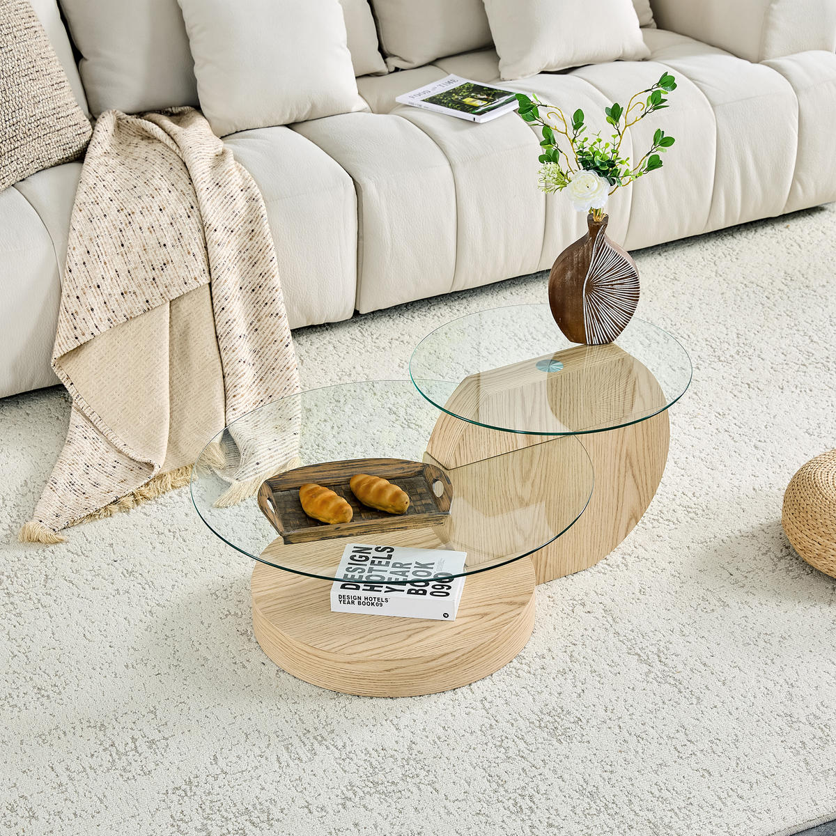 COUCHTISCH aus MDF & Glas Ø50/70 cm in Holz mit mehrstufigen Ablagen - Naturfarben, Glas (90/90/44cm) - Modfu