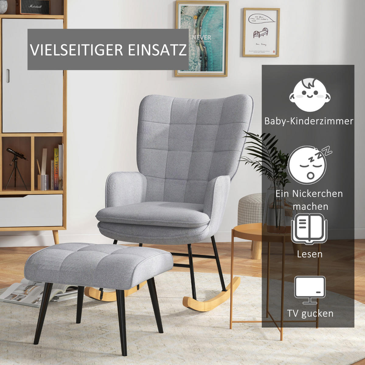 SCHAUKELSTUHL Set mit Hocker Polyesterbezug, Metallgestell 64/89/90 cm Hellgrau - Hellgrau, Textil (89/90/64cm) - Redom