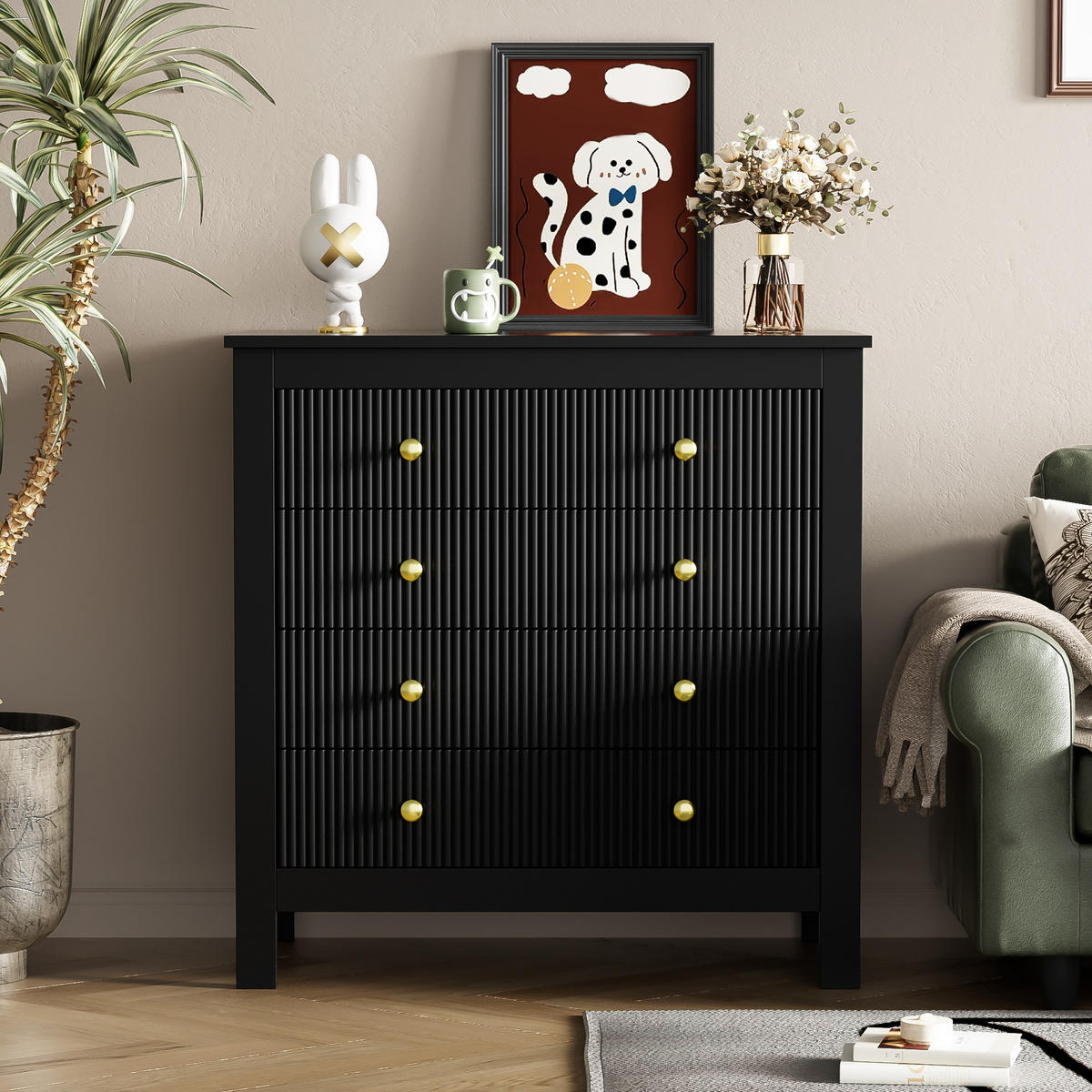 KOMMODE in Schwarz mit Spezialtüren und 5 Schubladen für Wohnzimmer, B79/T39.5/H80.5 cm - Schwarz, Holzwerkstoff (79/80.05/39.5cm) - STILVORA