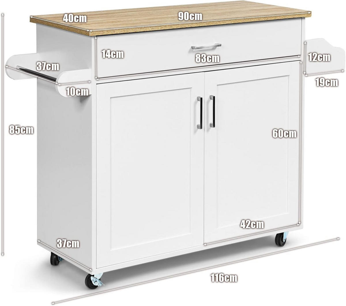 KÜCHENWAGEN Kücheninsel Weiß - Weiß, Holz (40/85/116cm) - COSTWAY