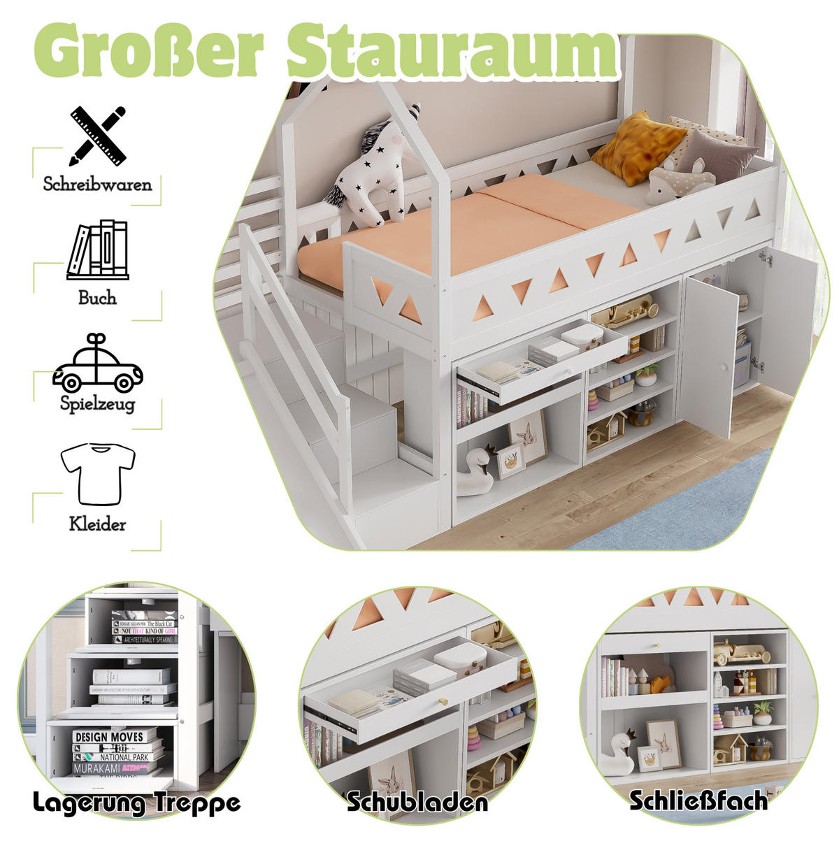 KINDERBETT 90/200 cm mit Rutsche, Treppe, Schubladen und Stauraum ohne Matratze - Weiß, Holz (90/200cm) - MIVRAY