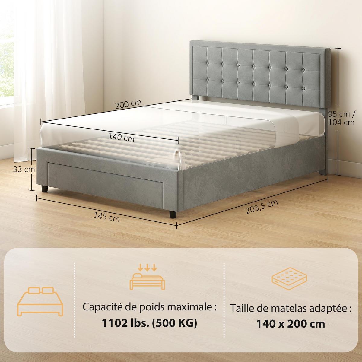 BETT 140x200 cm DE-14569 mit Stauraum & verstellbarem Kopfteil Grau - Hellgrau, Holzwerkstoff (140/200cm) - ComfortXL