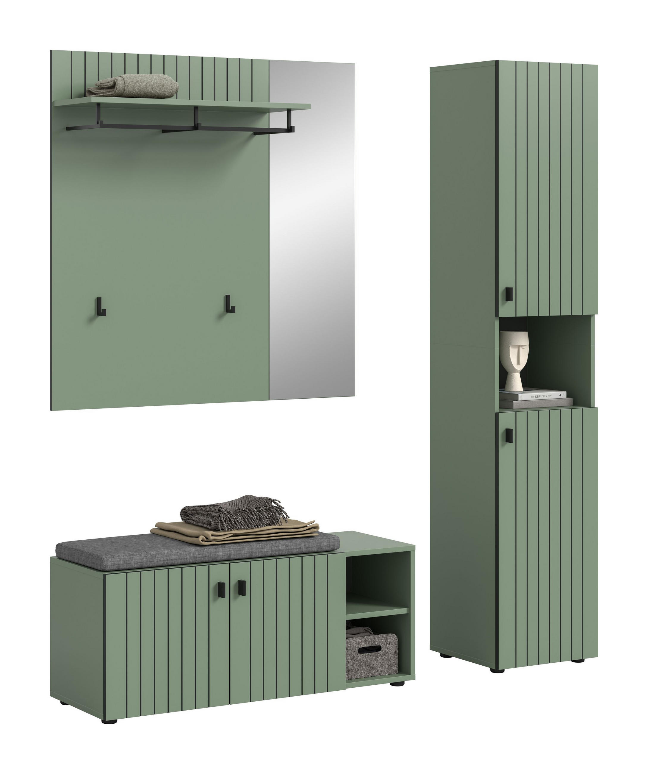GARDEROBEN-SET inkl. Sitzkissen Luv 4-tlg. (B/H/T: ca. 161/192/37 cm) in Smoke Green/Smoke Green - Dunkelgrün, Holzwerkstoff (161/192/37cm)