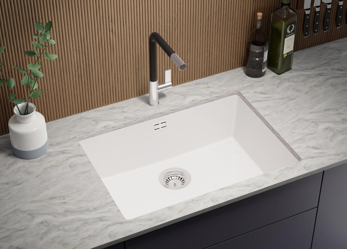 UNTERBAUSPÜLE GRANIT London, 2-er set Weiß 66/47 cm 1 Becken + Küchenarmatur 32/20 cm + Ablauf-Set ab 70er Unterschrank - Chromfarben/Weiß, Kunststoff (66/20/47cm) - Primagran