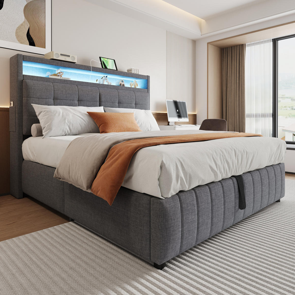 POLSTERBETT 160/200 cm grau mit LED-Beleuchtung und USB-Anschluss - Grau, Textil (160/200cm) - OKWISH