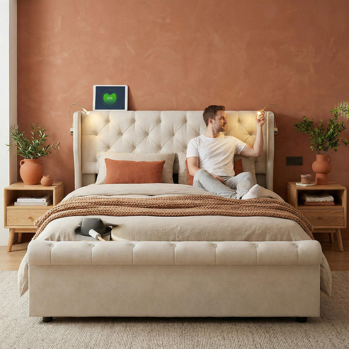 POLSTERBETT 140/190 cm beige mit Stauraum und LED - Beige, Holz