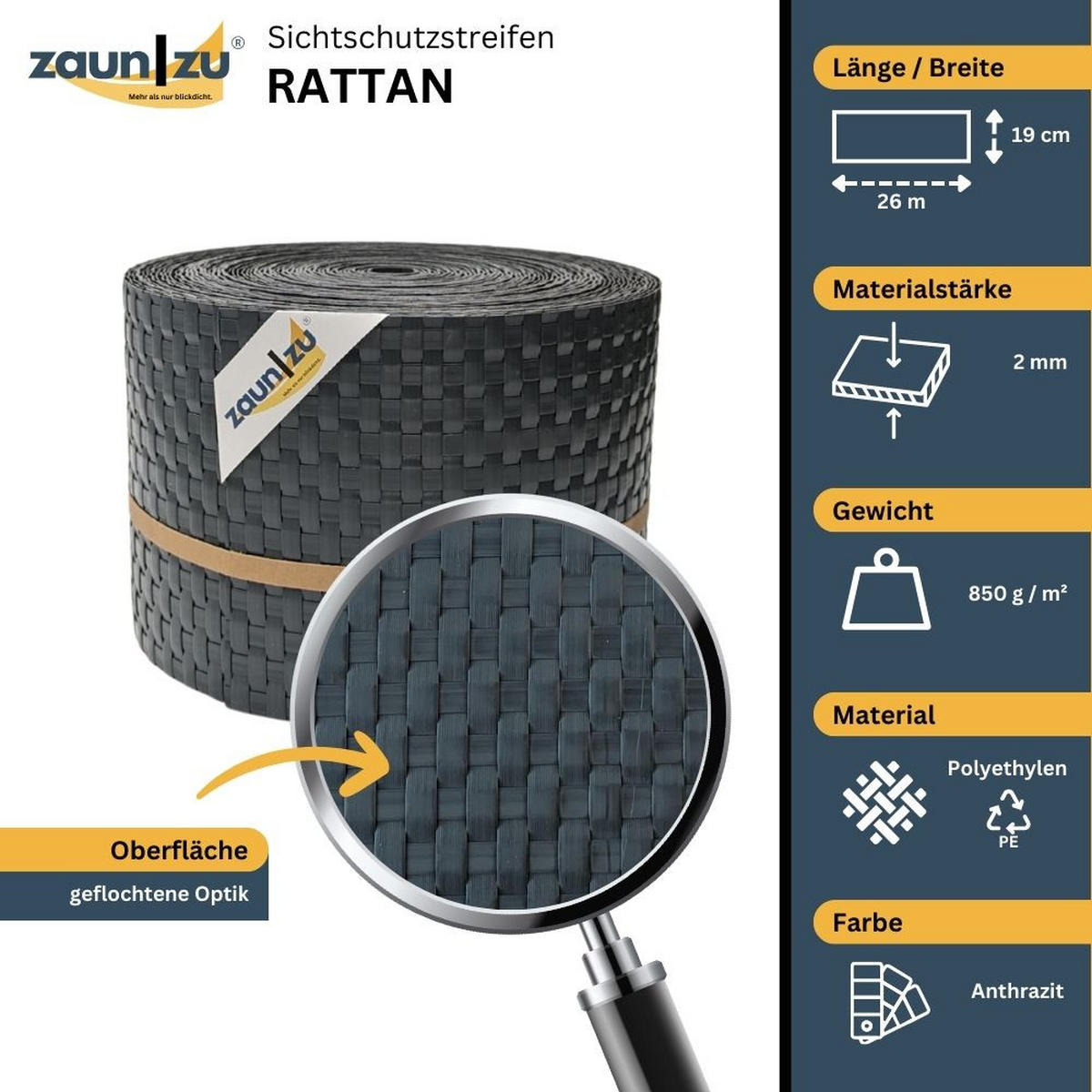 SICHTSCHUTZSTREIFEN Rattan PE für Doppelstabmatten Anthrazit 26m - Anthrazit, Kunststoff (2600/19cm) - ZAUN|ZU