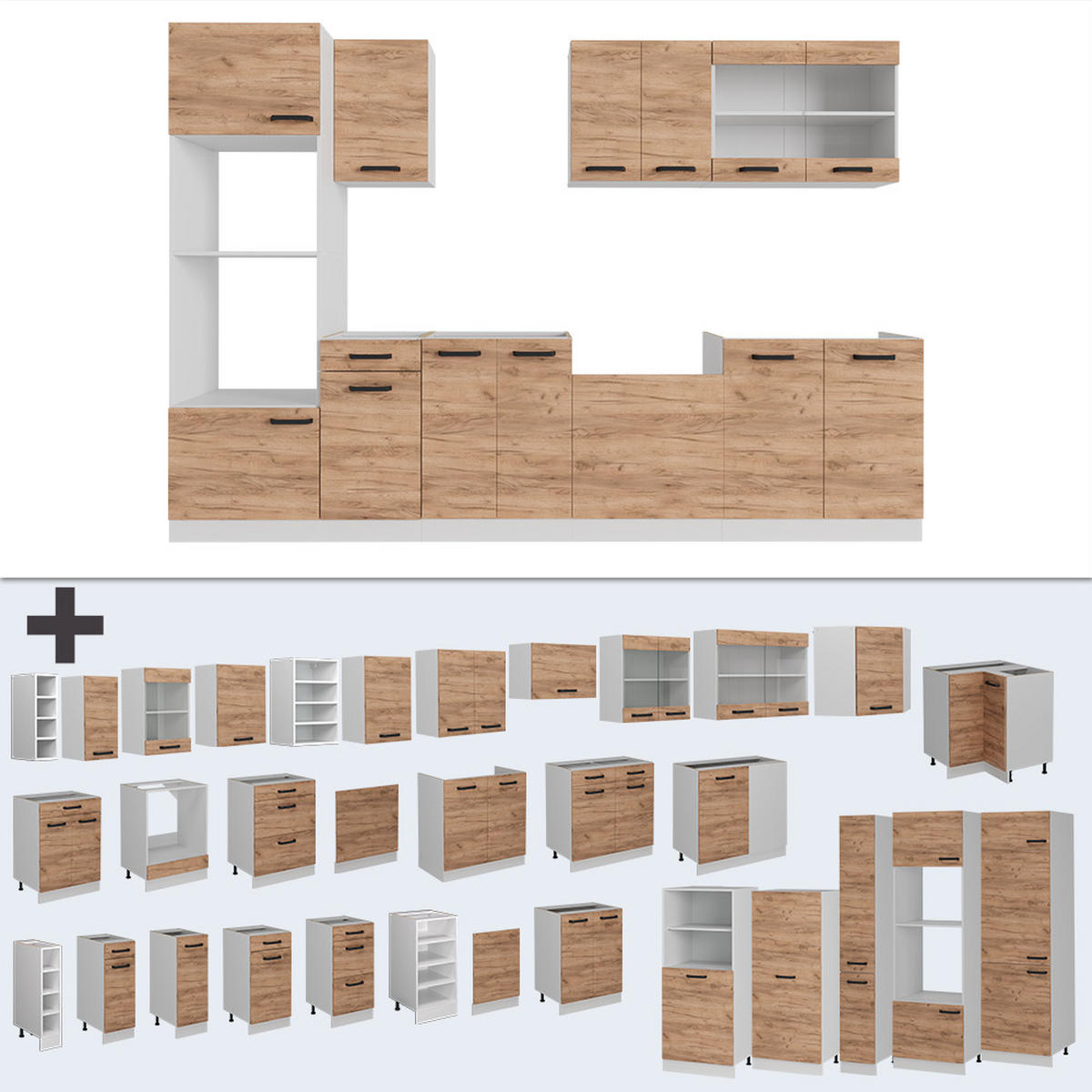 KÜCHENZEILE R-Line Goldkraft Eiche/Weiß 300 cm ohne Arbeitsplatte - Honigeiche/Eiche Wotan, Holzwerkstoff (300/81.6/46cm) - Vicco