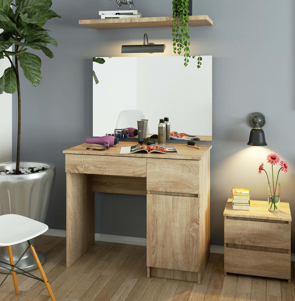 SCHMINKTISCH mit Spiegel - Sonoma Eiche, Holzwerkstoff (90/142/50cm) - RAUMHIRSCH FURNITURE