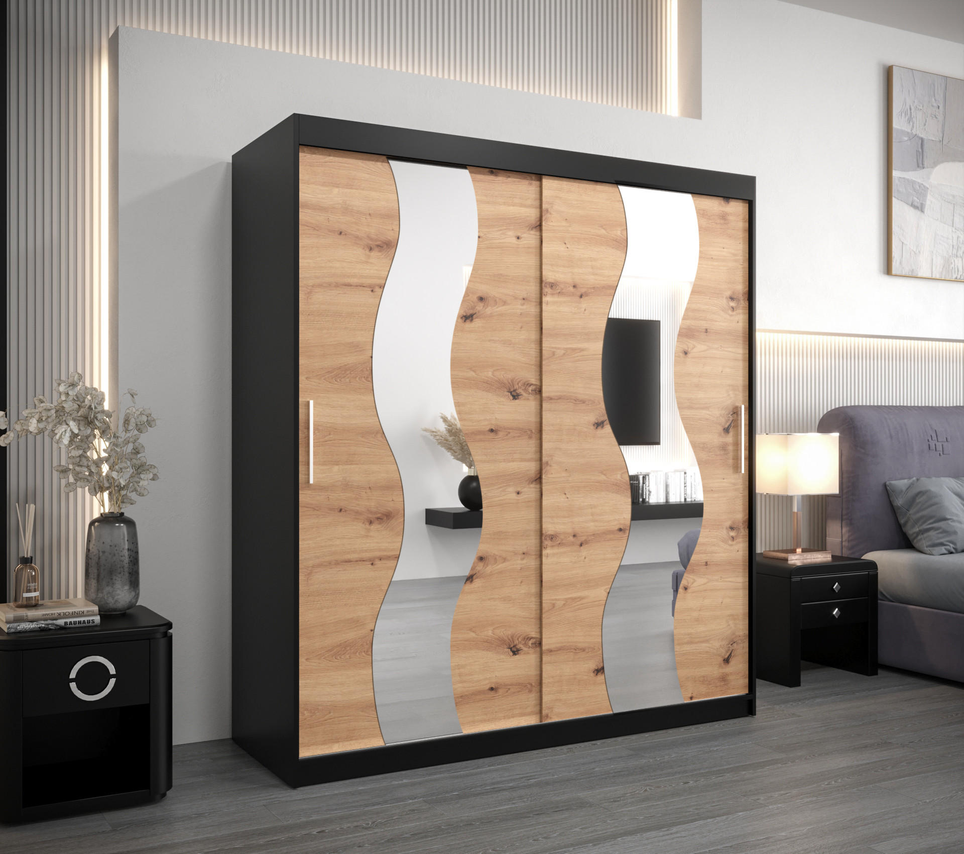 SCHWEBETÜRENSCHRANK 200/180/62 2-türig - Silberfarben/Schwarz, Holz/Kunststoff (180/200/62cm) - Abiks Möbel