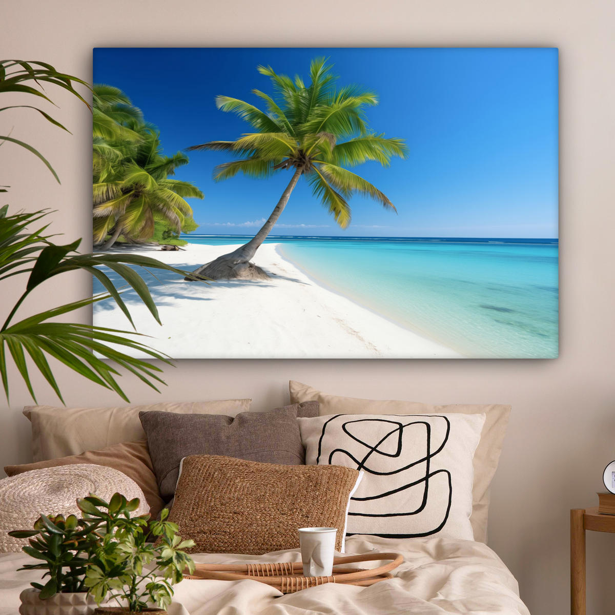 LEINWANDBILD Strand - Palme - Tropisch - Meer Groß 140x90 cm - Grün, Textil (140/90cm) - MuchoWow