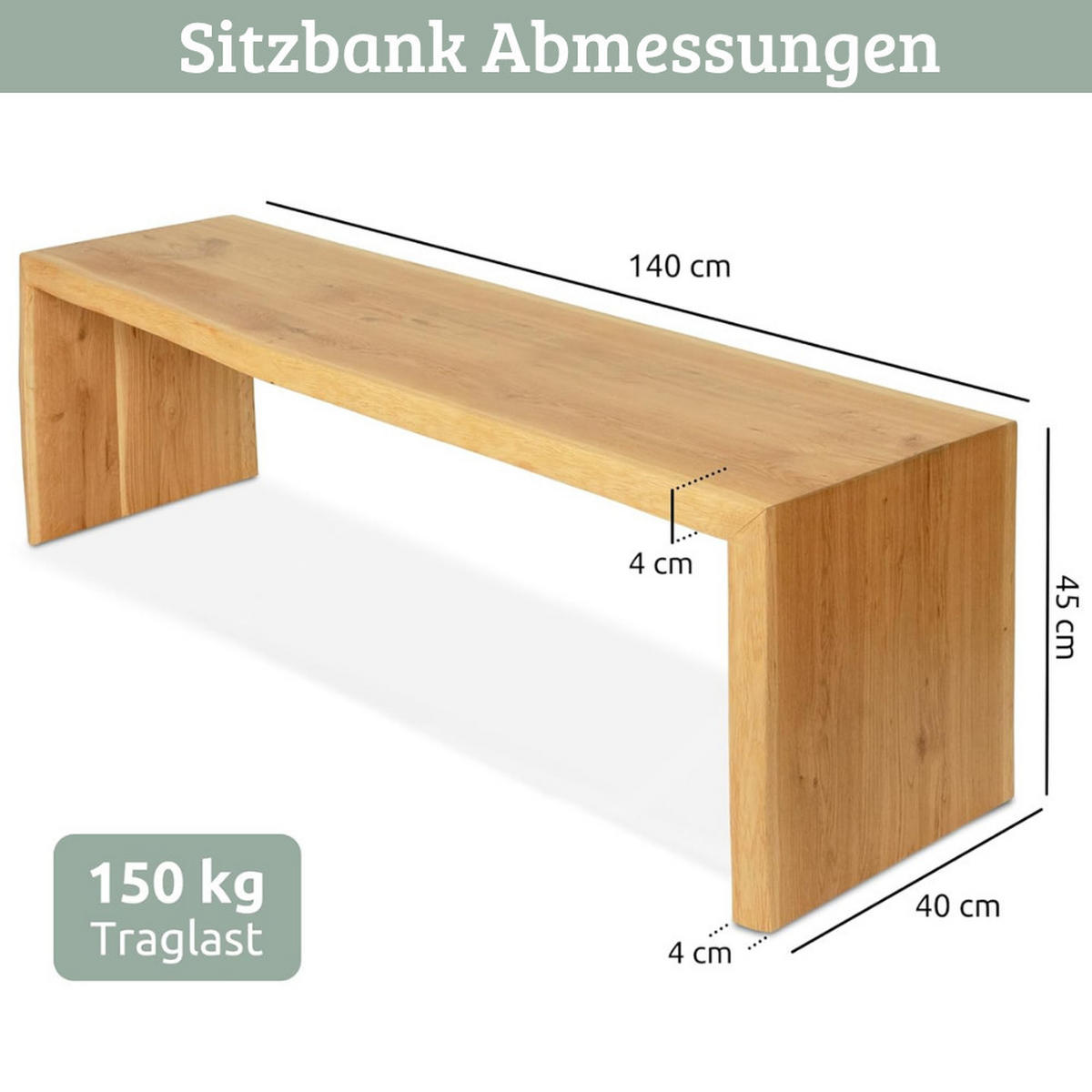 HOLZBANK EGON Eiche Massiv mit Baumkante 140x40x45 cm - Braun, Holz (140/45/40cm) - DELUKE