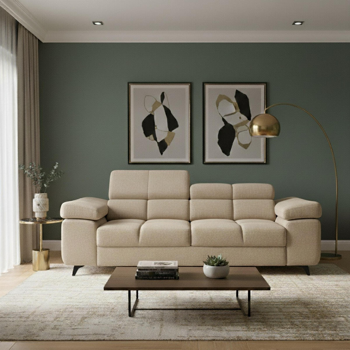 2-SITZER SOFA FJORD, verstellbarer Kopfstütze, beige - Beige/Schwarz, Kunststoff/Textil (194/90/97cm) - KS Home Concept