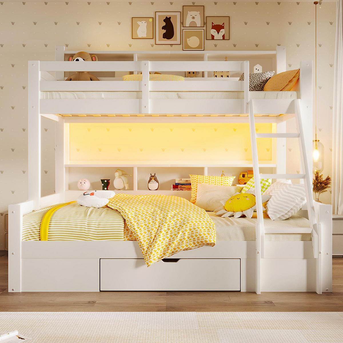 ETAGENBETT 90x200cm+140x200cm, Leiterposition optional, Weiß - Weiß, Holz (90/200cm) - KOMHTOM