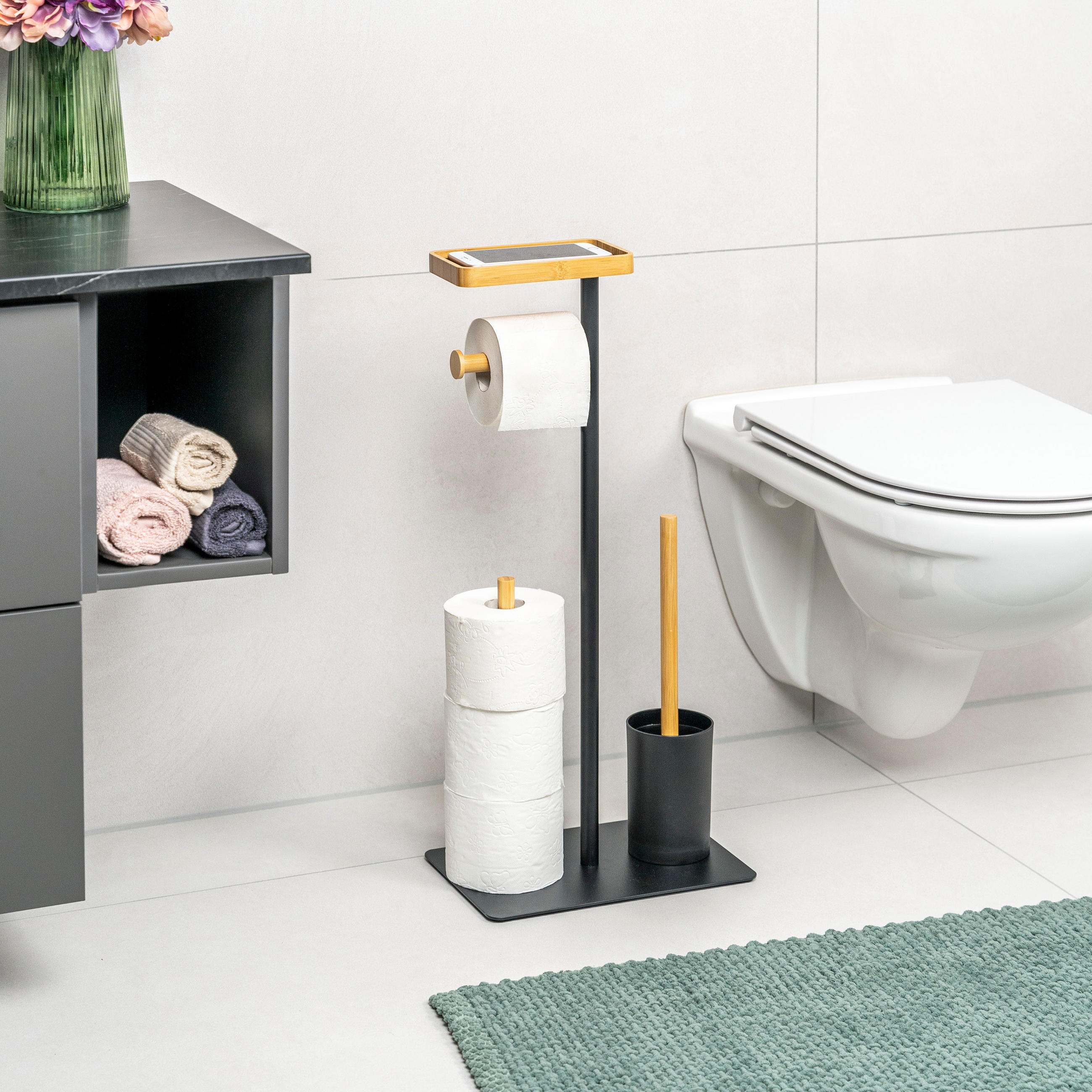 STAND-WC-GARNITUR 4in1, Bambus/Metall schwarz - Schwarz, Metall (30/68/20cm) - eluno