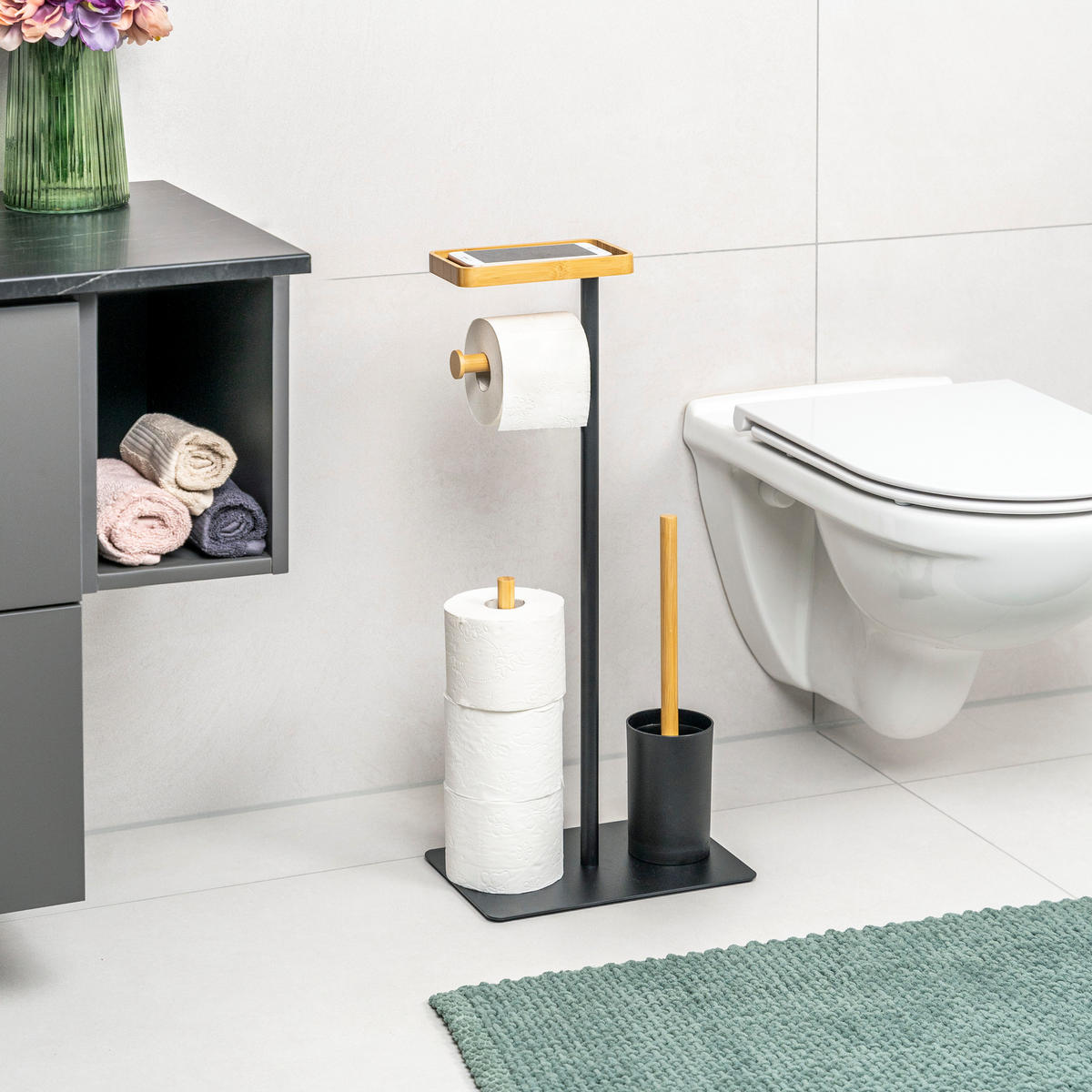 STAND-WC-GARNITUR 4in1, Bambus/Metall schwarz - Schwarz, Metall (30/68/20cm) - eluno