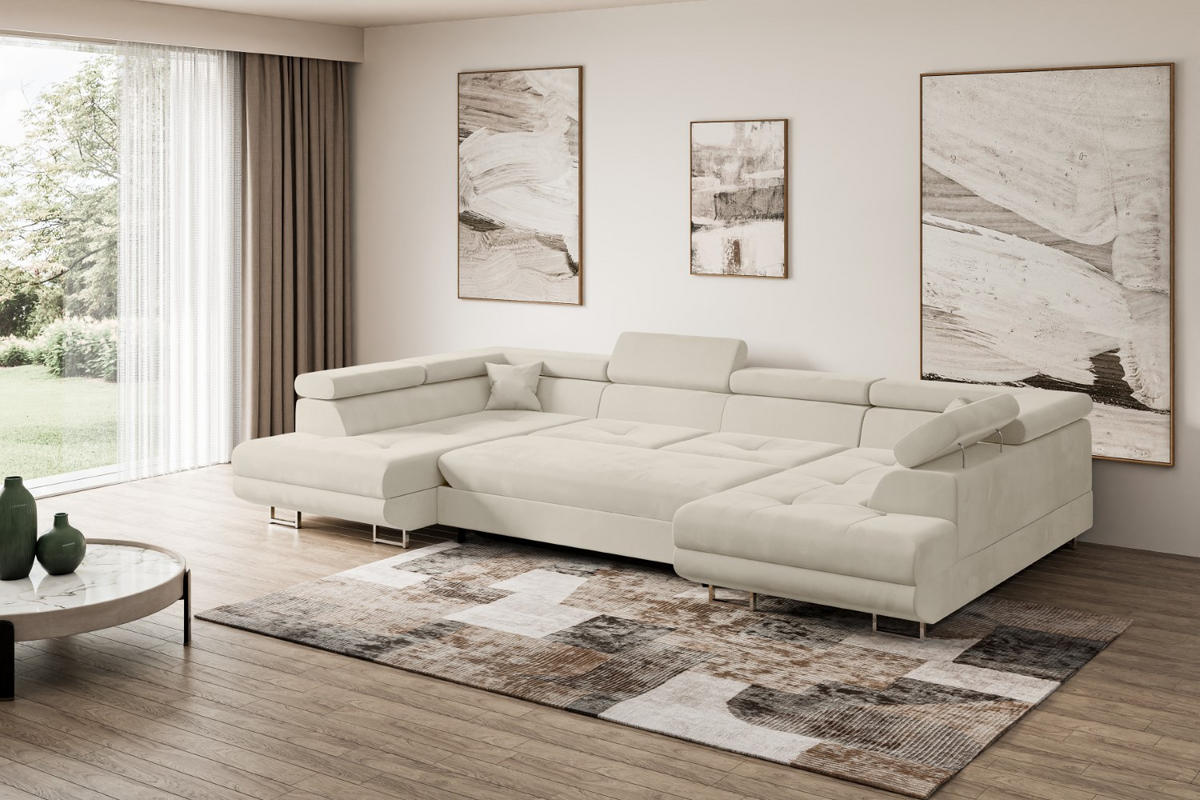 WOHNLANDSCHAFT mit Schlaffunktion und Bettkasten GUSA-U 342x202x107 cm Beige Velours - Beige/Silberfarben, Holzwerkstoff/Textil (342/107/202cm) - ALTDECOR
