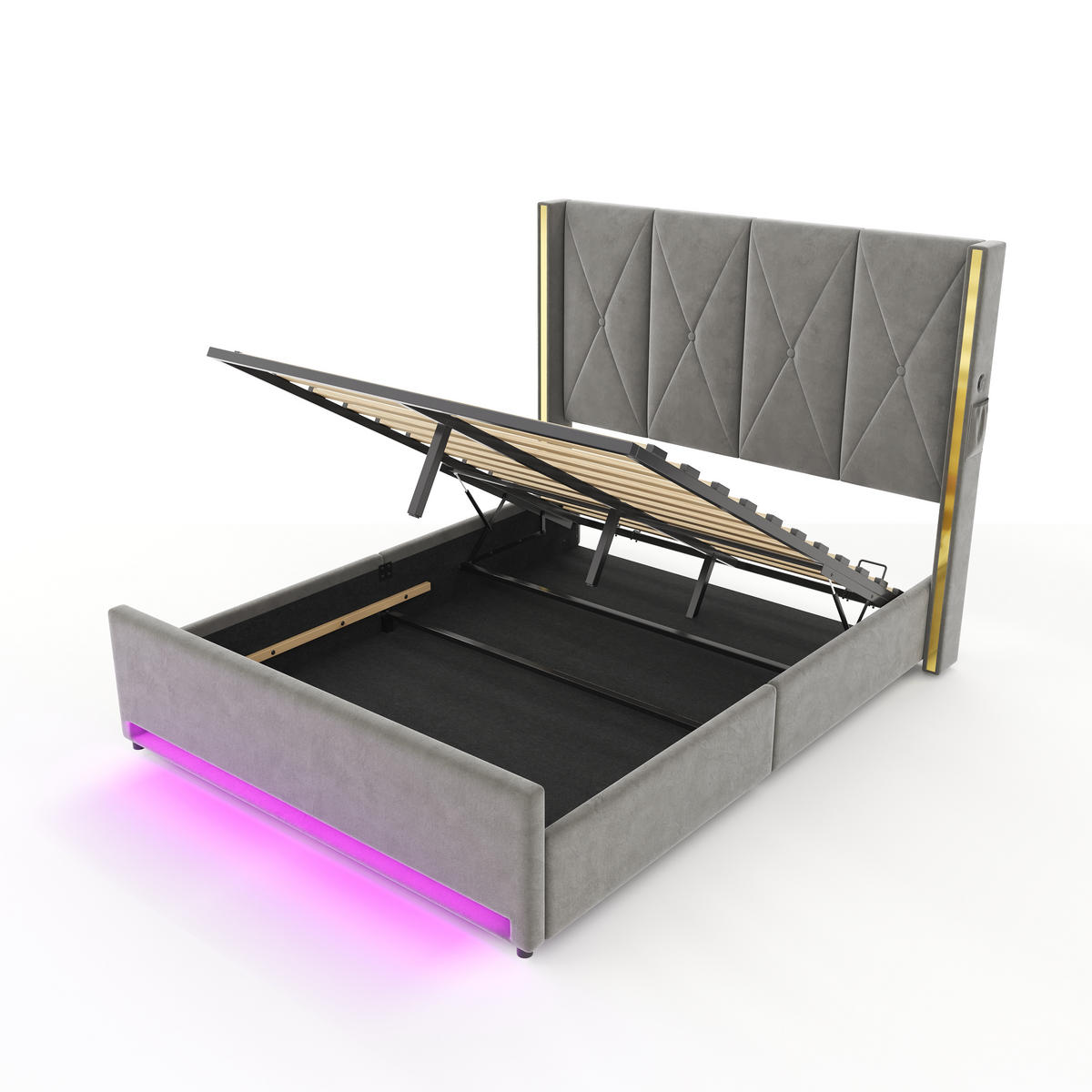 POLSTERBETT 160/200 cm in Dunkelgrau Samt mit Bettkasten, LED, USB und Type-C - Dunkelgrau, Holzwerkstoff/Textil (160/200cm) - STILVORA