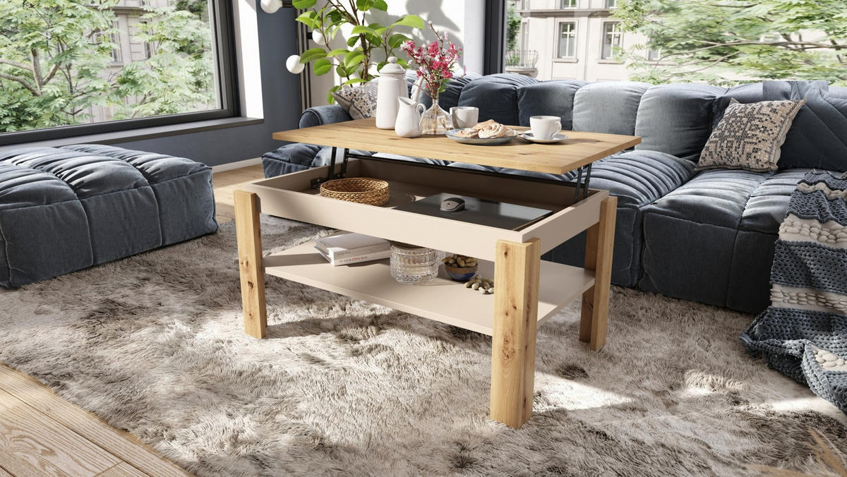 COUCHTISCH rechteckig Eiche Artisan Beige höhenverstellbar 100/60/55 cm - Beige/Eiche Artisan, Holzwerkstoff (60/100/55cm) - designimpex