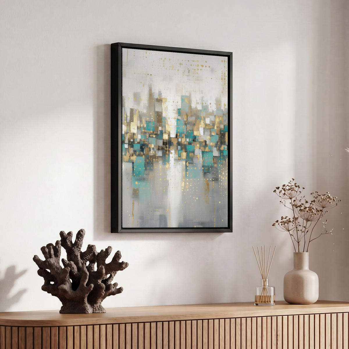 LEINWAND Bilder mit Rahmen - Abstrakt - Blöcke - Gold - Skyline - 20x30 - Beige, Textil (20/30cm) - MuchoWow
