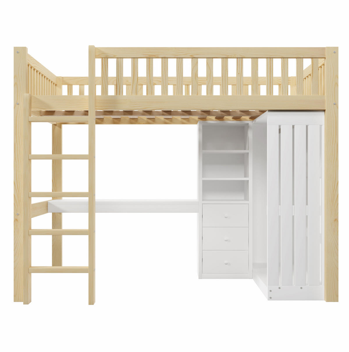 HOCHBETT aus Kiefernholz und MDF 140x200 cm Natur mit Schreibtisch, Kleiderschrank, 3 Schubladen und Treppe - Naturfarben, Holzwerkstoff (140/200cm) - Modfu