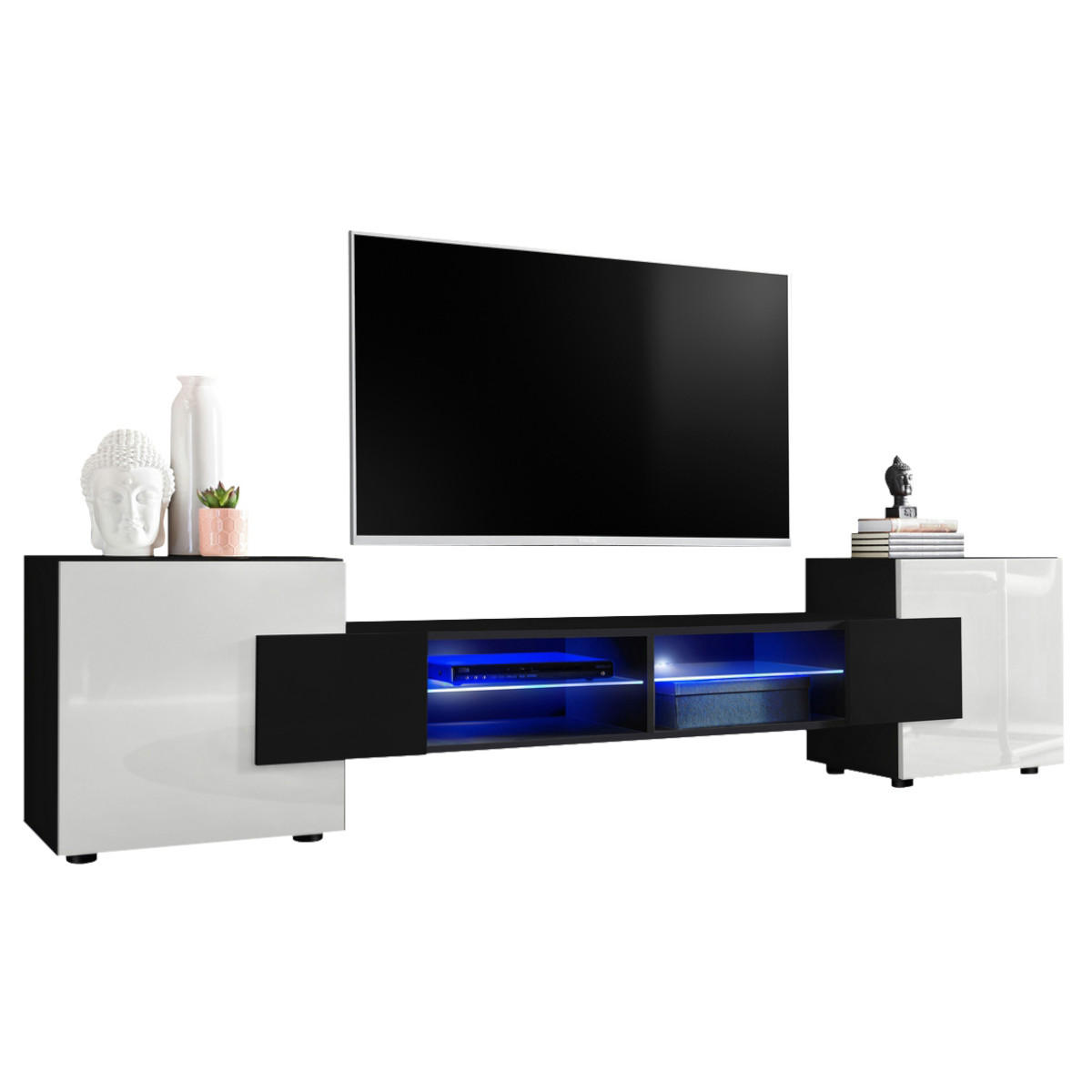 LOWBOARD MERANO Schwarz, Blau LED Beleuchtung - Schwarz/Weiß, Glas/Holzwerkstoff (230/52.5/35cm) - Komodee