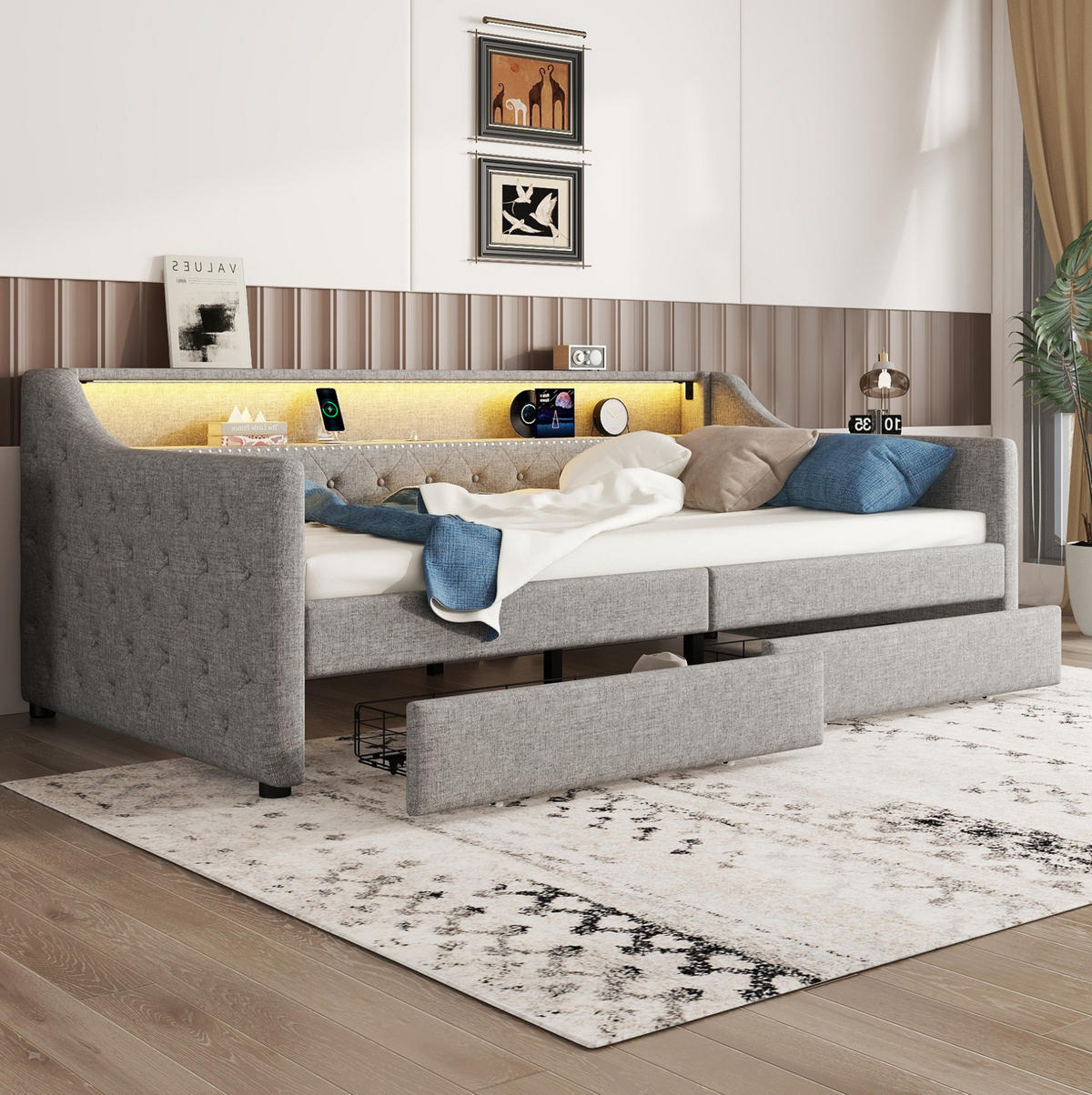 DENNÁ posteľ 90/200 cm sivá z ľanu a MDF s LED osvetlením USB portom a 2 zásuvkami - sivá, textil (90/200cm) - OKWISH