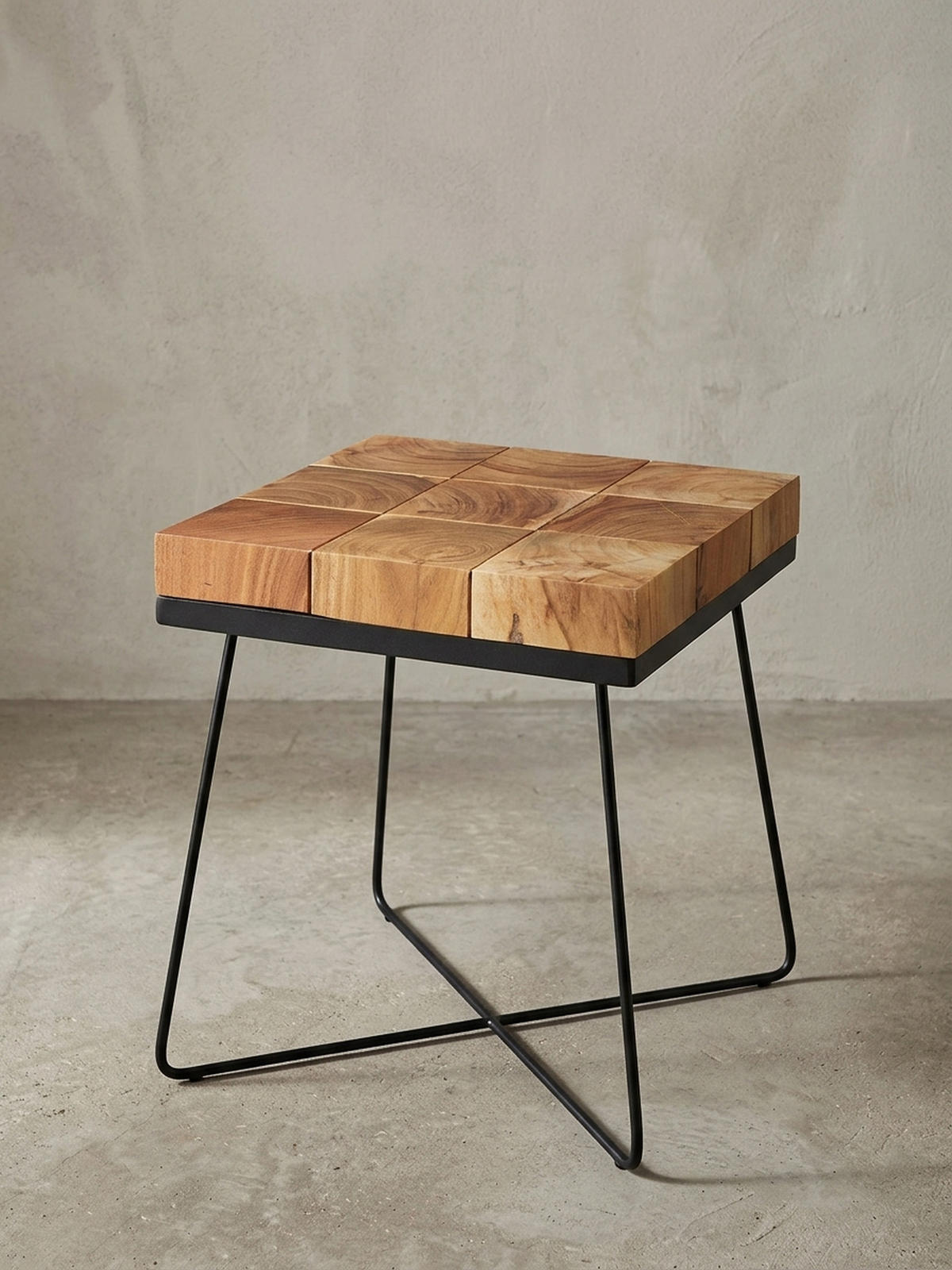BEISTELLTISCH – Quadratisch Akazie Massivholz Metallgestell Industrial - Beige/Schwarz, Holz/Metall (45/45/51cm) - KADIMA DESIGN