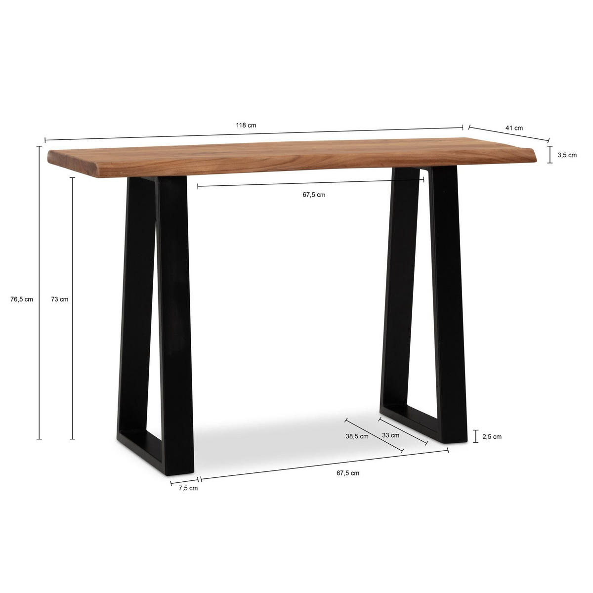 SCHREIBTISCH – Massivholz Akazie, 118x41 cm, Live-Edge Design, schmal - Schwarz/Braun, Holz/Metall (41/118/76cm) - KADIMA DESIGN