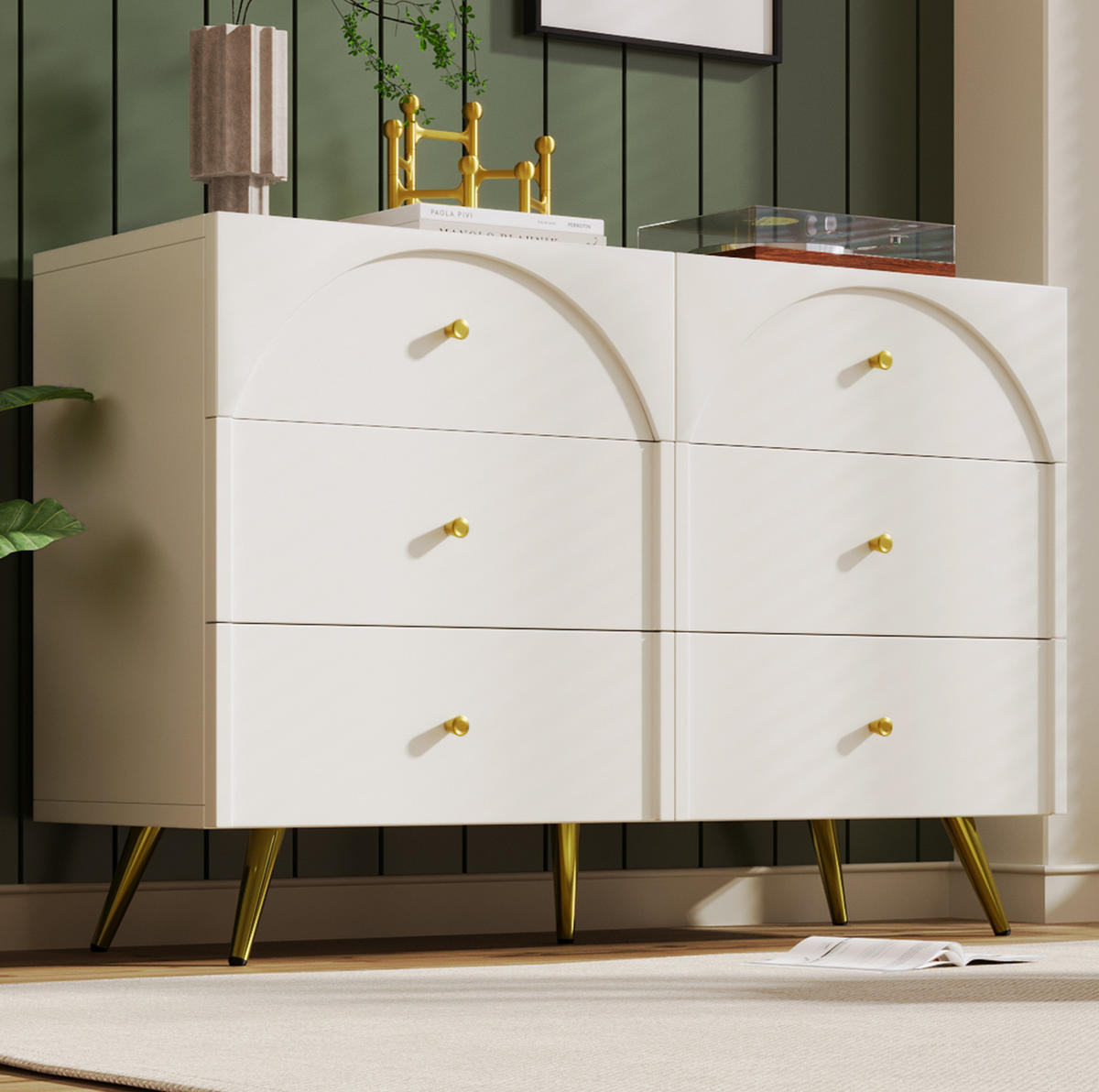 KOMMODE 120/40/85 cm in Creme-Weiß mit 6 Schubladen und Metallfüßen - Creme, Holz (120/40/85cm) - Flora Grace