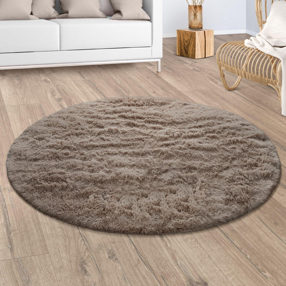 TEPPICH Hochflor Shaggy waschbar Unifarben Schlafzimmer schmutzabweisend Taupe Rund 120D - Braun, Textil (120/120cm) - KADIMA DESIGN