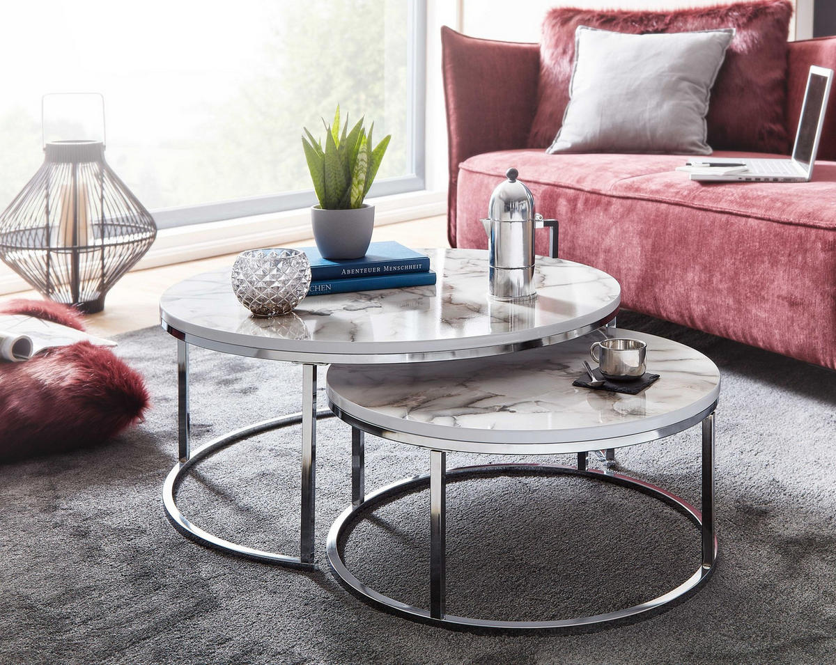 COUCHTISCH 2er Set Marmoroptik Metall Eichenholz Ineinanderschiebbar, Silber 80x80x36 cm - Silberfarben, Holz/Metall (80/80/36cm) - KADIMA DESIGN