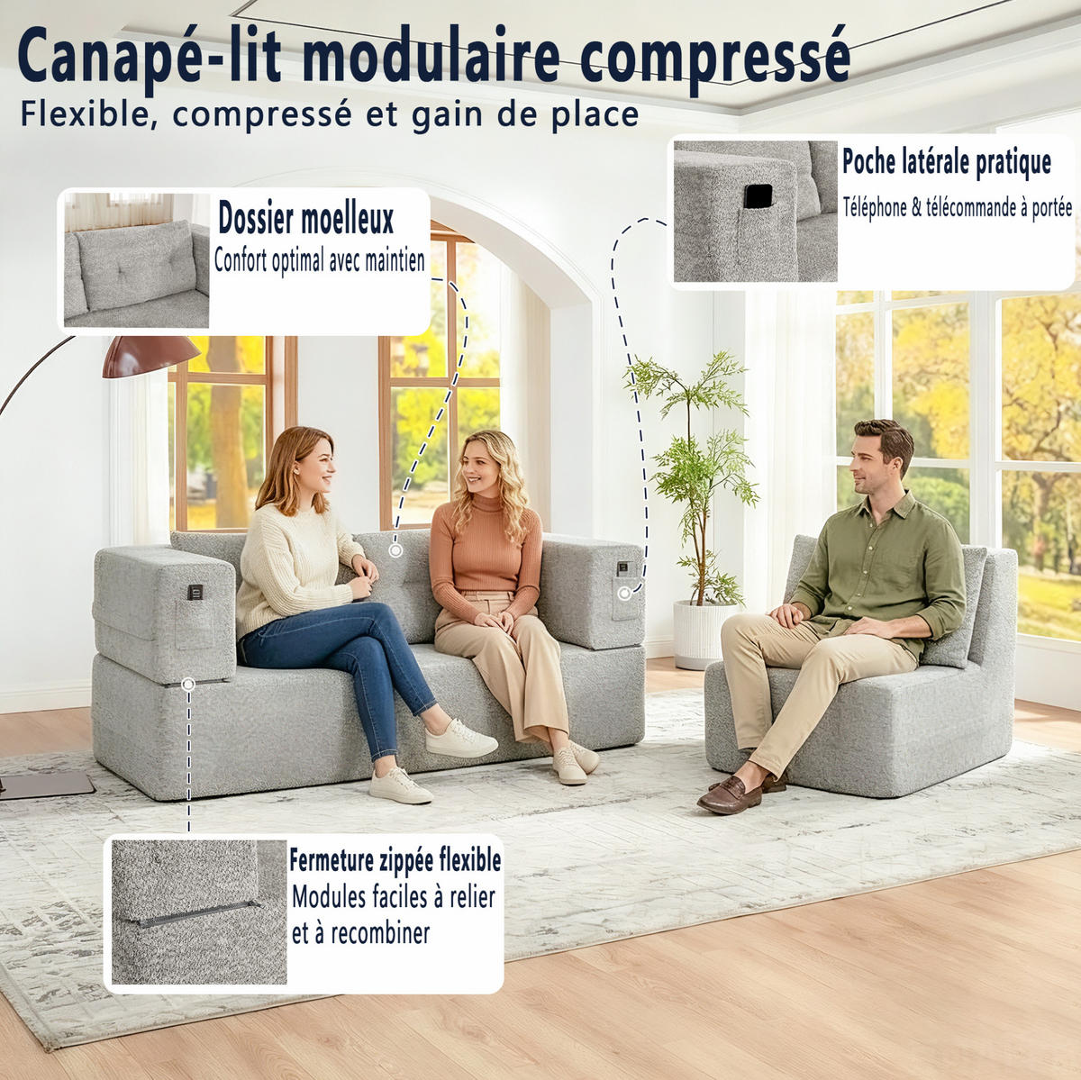 SCHLAFSOFA aus Stoff Hellgrau klappbar als 2-in-1 Modulsystem mit Sessel und Seitentaschen - Hellgrau, Textil (199/39/194cm) - Modfu