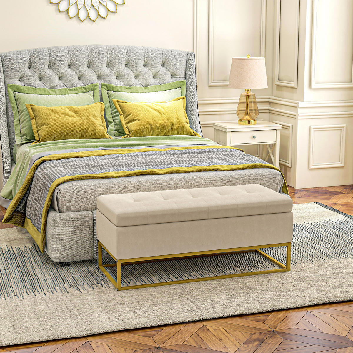 SITZBANK, Polsterbank, Bettbank, Beige - Beige, Kunststoff/Metall (44/49/110cm) - HOMCOM