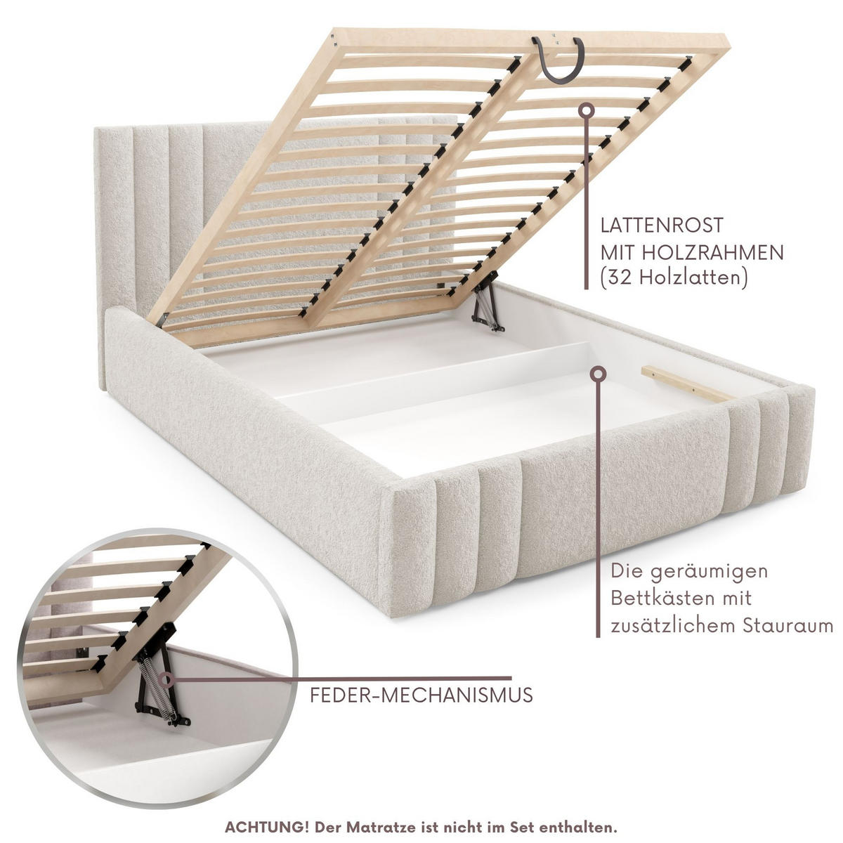 POLSTERBETT RIVIO Bettkasten Lattenrost 160x200 Beige - Beige, Holz (160/200cm) - Furnistar