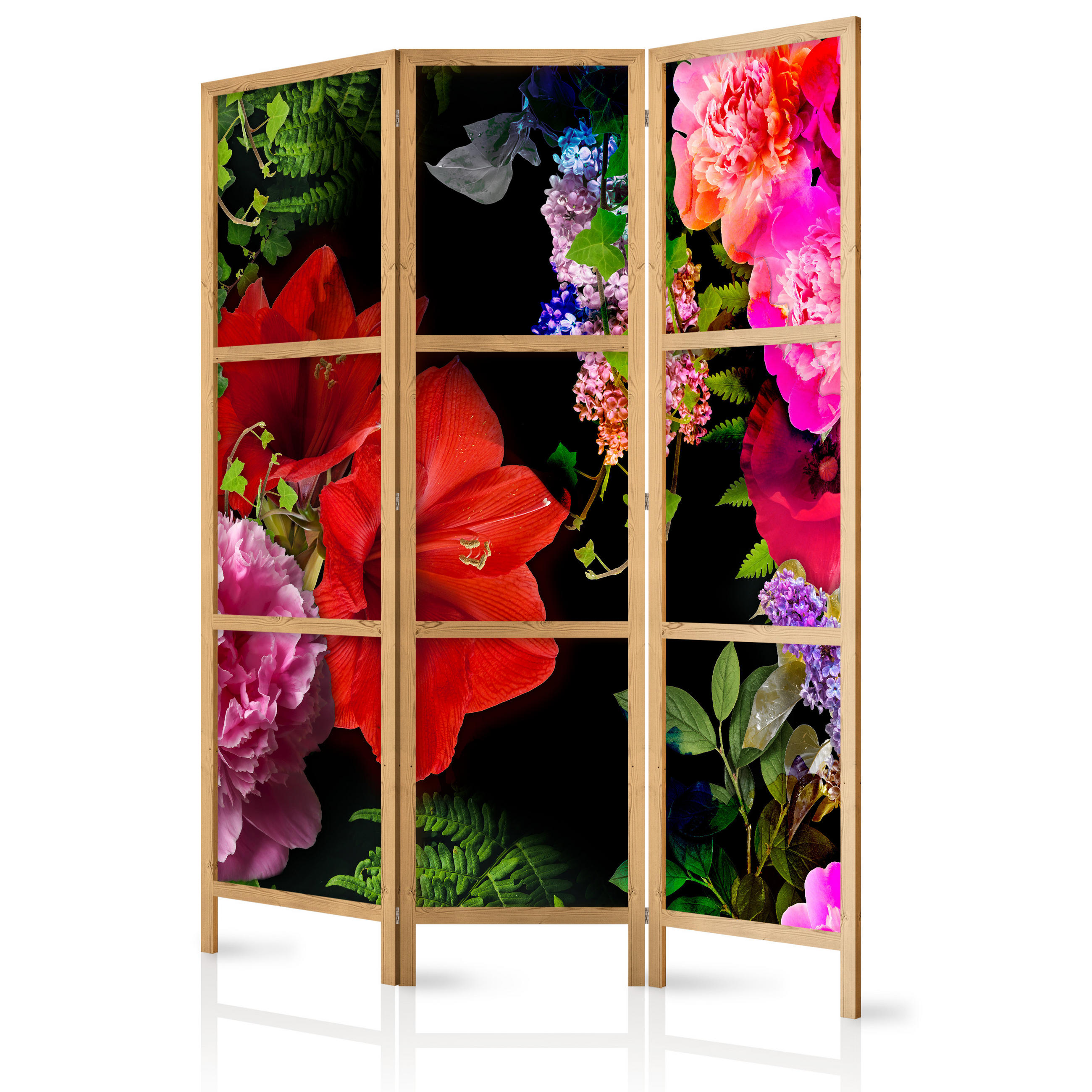 PARAVENT Japanischer 3-tlg 135x172 cm Bunte Blumen - Multicolor, Holz/Textil (135/172/3cm) - Muralo
