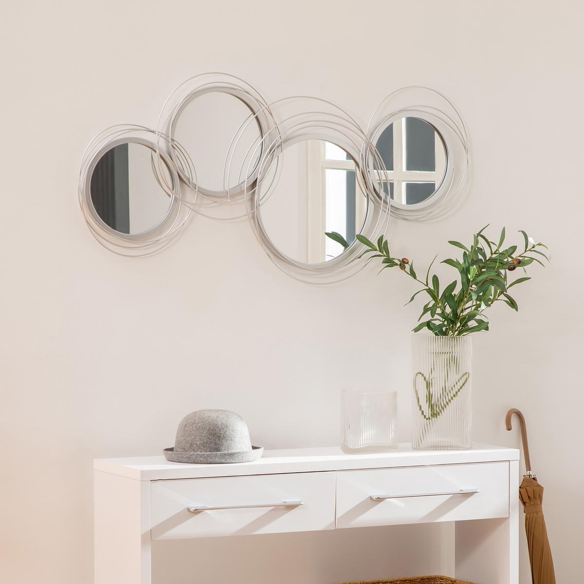 4ER Set Spiegel für Wanddekoration, Wanddekoration mit 4 runden Spiegeln Metall - Silberfarben, Metall (4/56/107cm) - HOMCOM