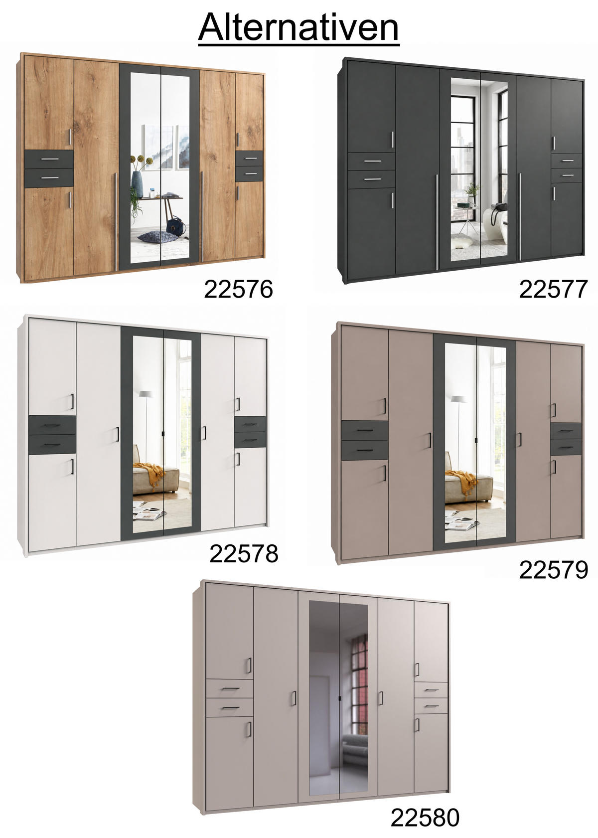 DREHTÜRENSCHRANK Kleiderschrank B273/H210/T58 cm Schubkästen & Passepartout & 2 Spiegeltüren, Weiß mit Absetzungen in Grafit, Griffe schwarz / 22578 - Schwarz/Graphitfarben, Holzwerkstoff/Kunststoff (273/210/58cm) - luma-home