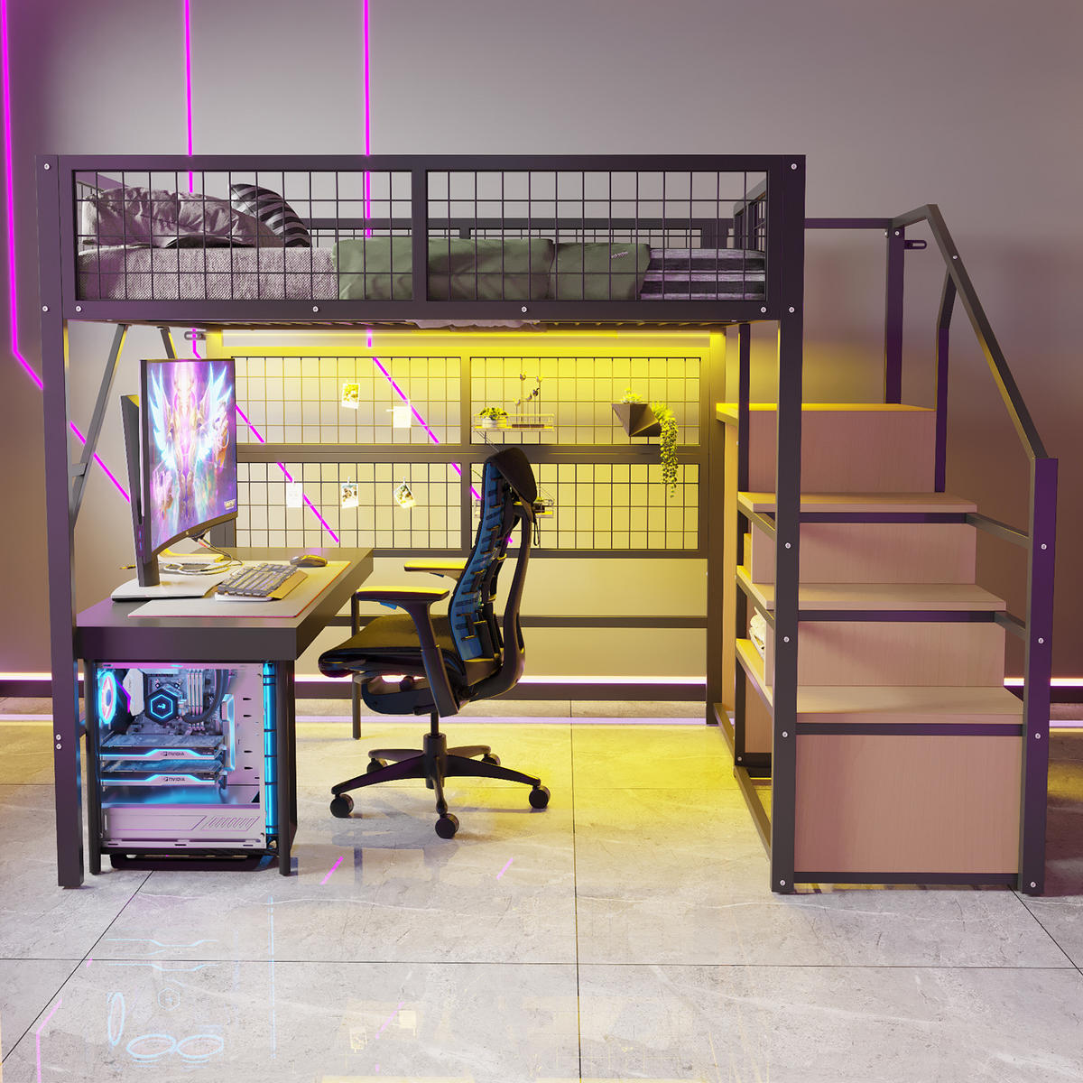 HOCHBETT aus Metall 140x200 cm Schwarz mit LED-Beleuchtung, Stauraumtreppe und offenem Kleiderschrank - Schwarz, Metall (90/190cm) - Modfu