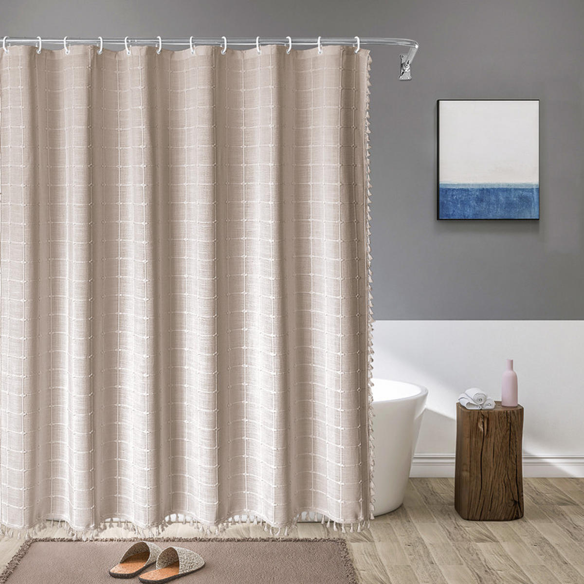 DUSCHVORHANG Beige Leinen Boho Stil 150 x 180 cm für Zuhause Badezimmer - Beige, Textil (150/180cm) - MCBOSON