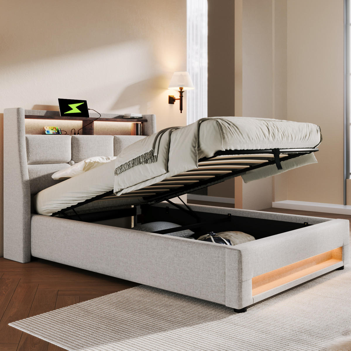 POLSTERBETT 90/200 cm Beige aus Leinen mit LED, USB und Bettkasten - Beige, Textil (90/200cm) - OKMYHOME