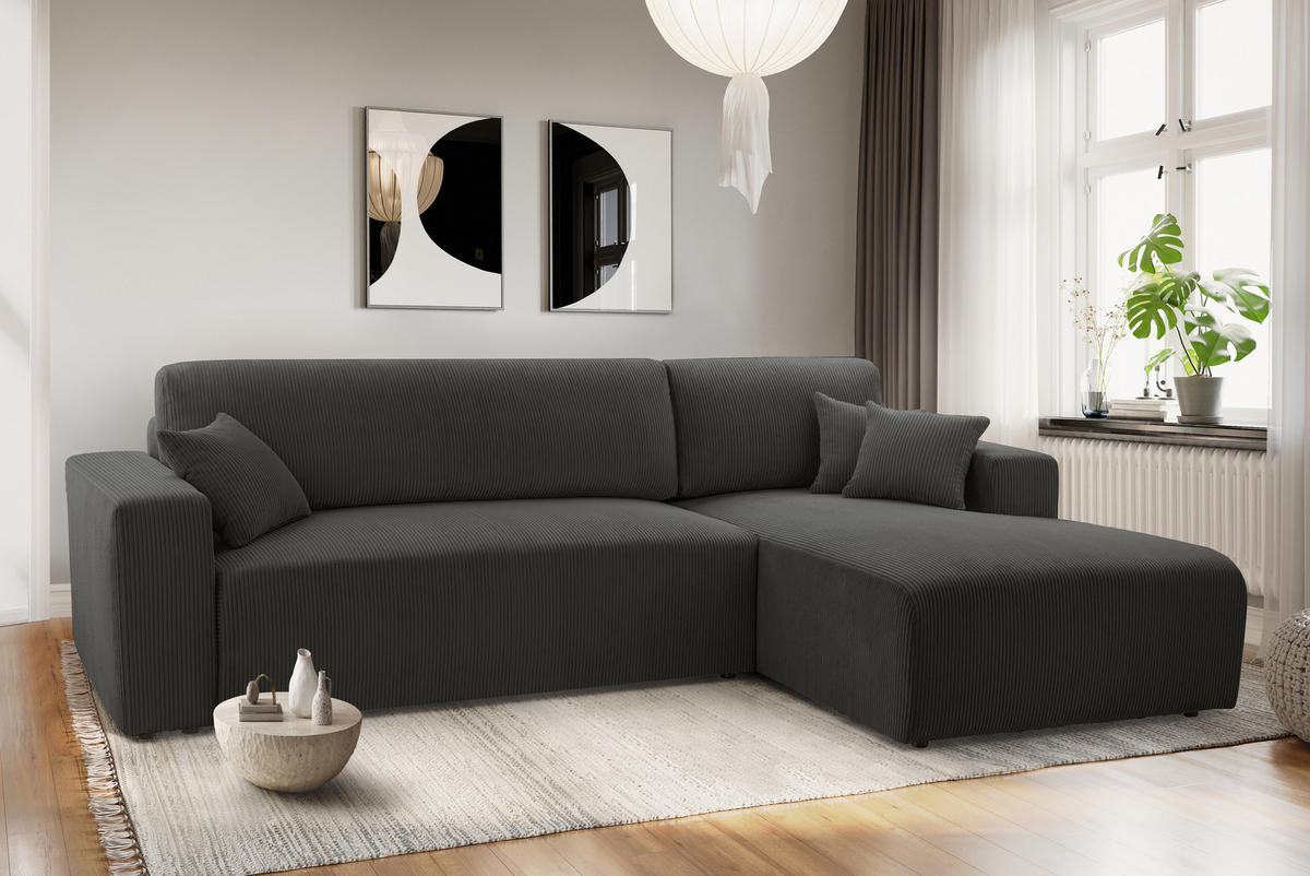 ECKSOFA L Form Catea Dunkelgrau 279/145/84 cm Rechts mit Schlaffunktion - Dunkelgrau/Schwarz, Kunststoff/Textil (279/145cm) - AX Living