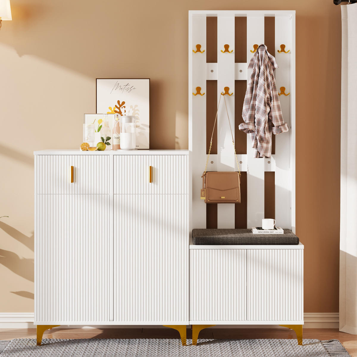 IN Weiß Kleiderschrank-Set mit Schuhbank und Kissen,Haken,Schubladen und Türen, B60.5/T35.2/H180.5cm und B83/T35/H101cm - Goldfarben/Weiß, Holzwerkstoff/Metall (60.5/180.5/35.2cm) - STILVORA