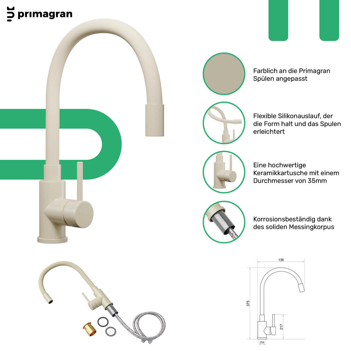 GRANITSPÜLE Venedig Slim Easy, 2-er set Beige 46/44 cm 1 Becken + Küchenarmatur 38/14 cm + Ablauf-Set ab 50er Unterschrank - Chromfarben/Beige, Kunststoff (46/20/44cm) - Primagran