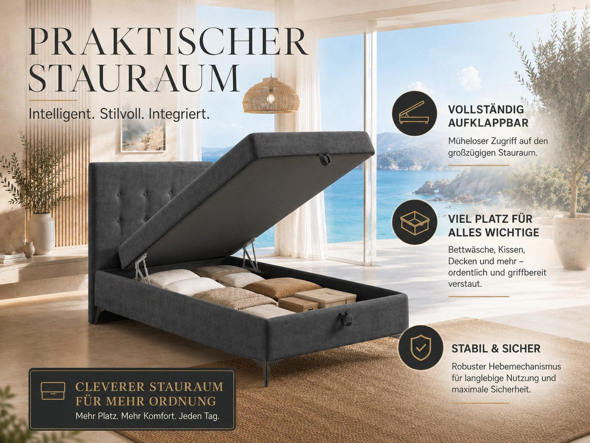 BOXBETT K15 Single SLIM mit Bettkasten & Bonell-Federkern inkl. Topper - Schwarz, Holz/Textil (200/100cm) - Best For Home