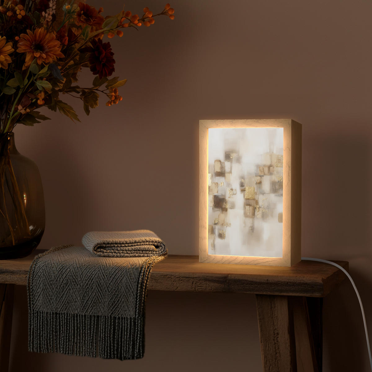 STOLNÍ LAMPA Abstraktní čtverce - zemité tóny - mlhavé 20x30 cm - barva hrušně, kompozitní dřevo (8/20/30cm) - OnlyWow