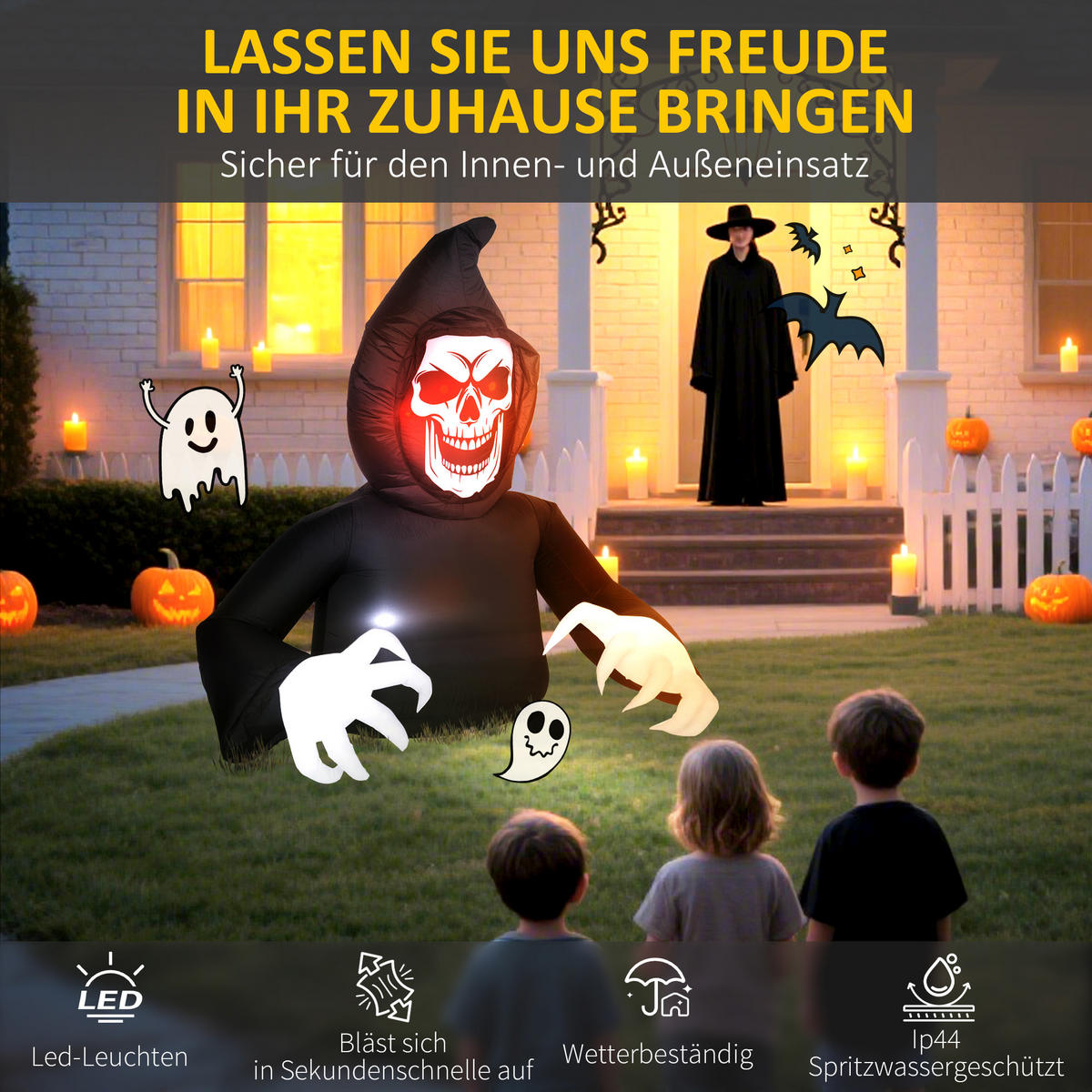 AUFBLASBARER Sensenmann, Halloween-Dekoration mit LED-Lichtern, für Outdoor - Schwarz, Textil (115/180/190cm) - Outsunny