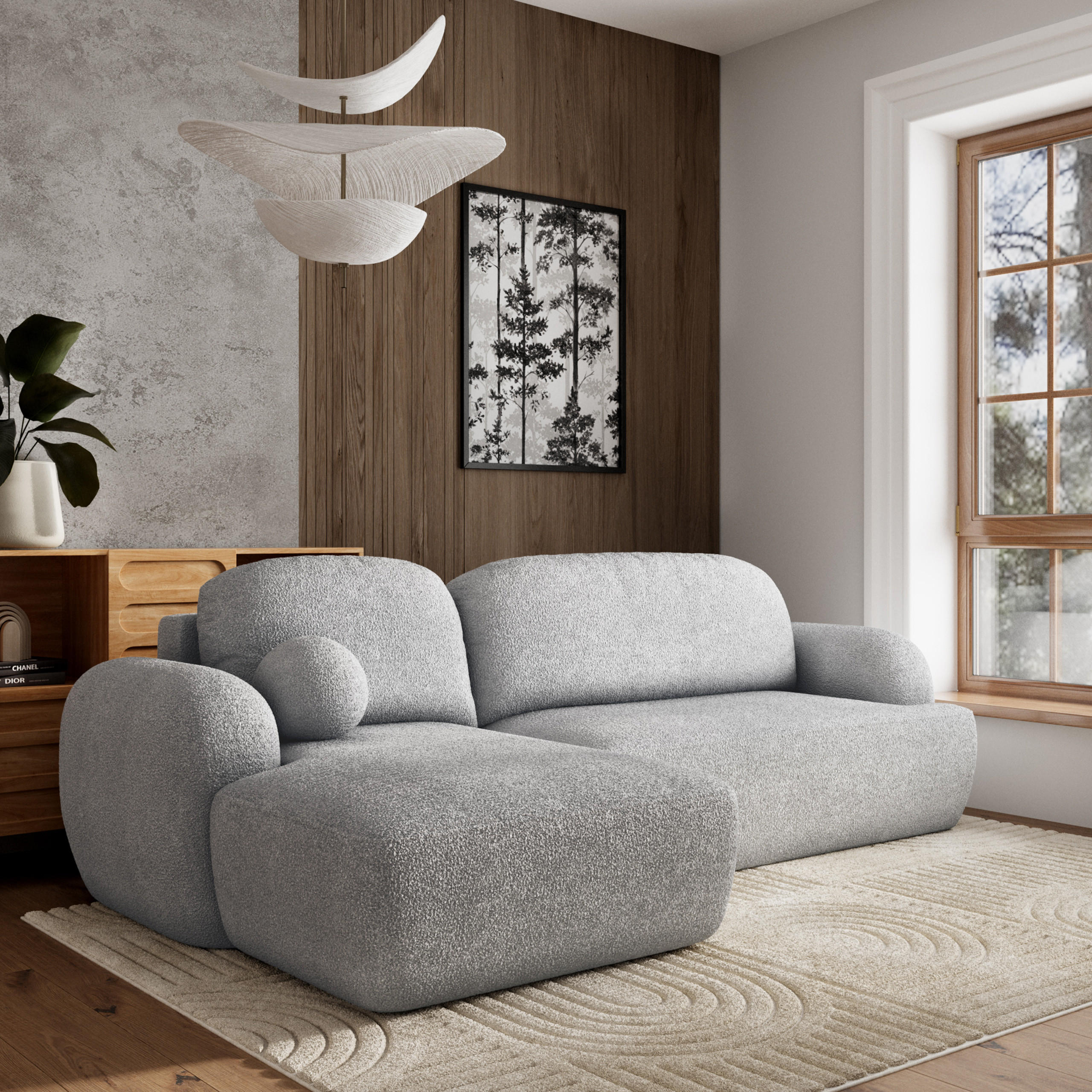 ECKSOFA MODENZA N L-S Hellgrau Boucle-Stoff mit Schlaffunktion - Hellgrau, Holz (266/148cm) - MASSENO